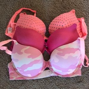 3 Victoria Secret Bras 34C pink, peach, camo pink